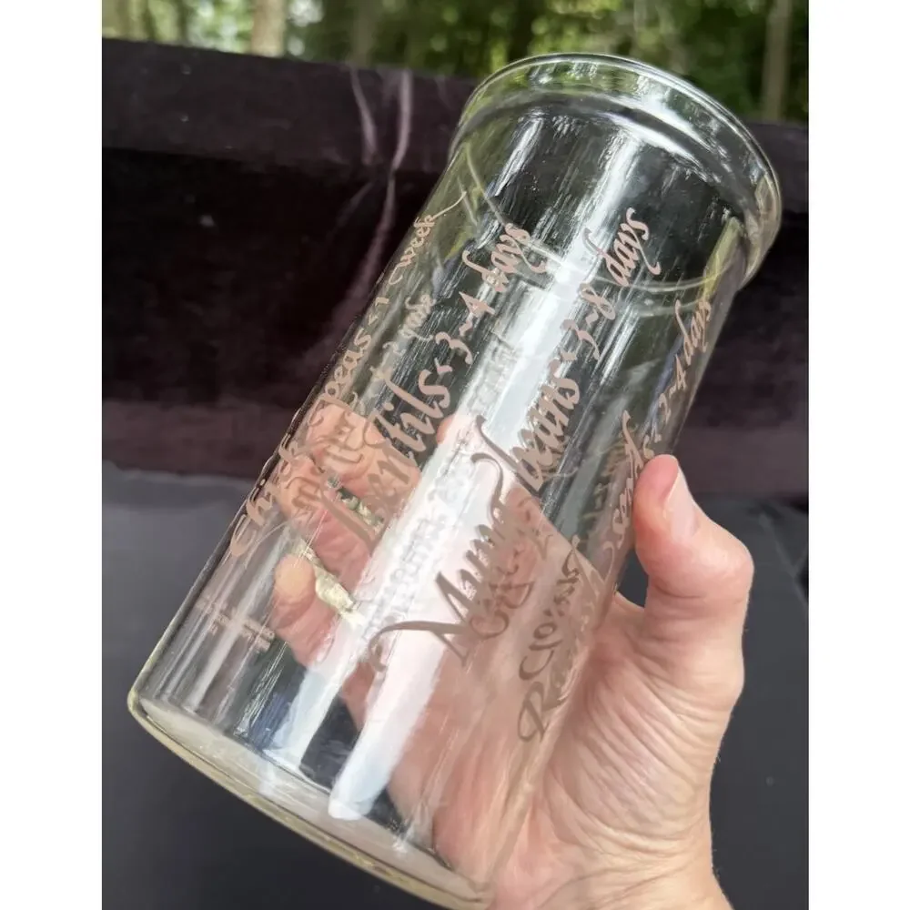 VTG Corning Seed Sprouts Cylinder 520 Glass Clear w/Brown text 1 Liter & Lid